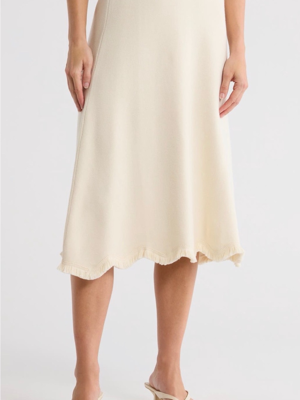 Adrianna Papell Soft Cream Midi Skirt with Fringe Hem